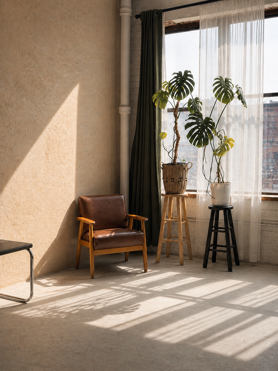Umbra studio corner with chair, plants, and window light