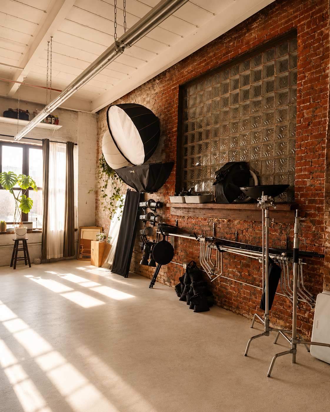 Umbra studio with brick wall and lighting equipment