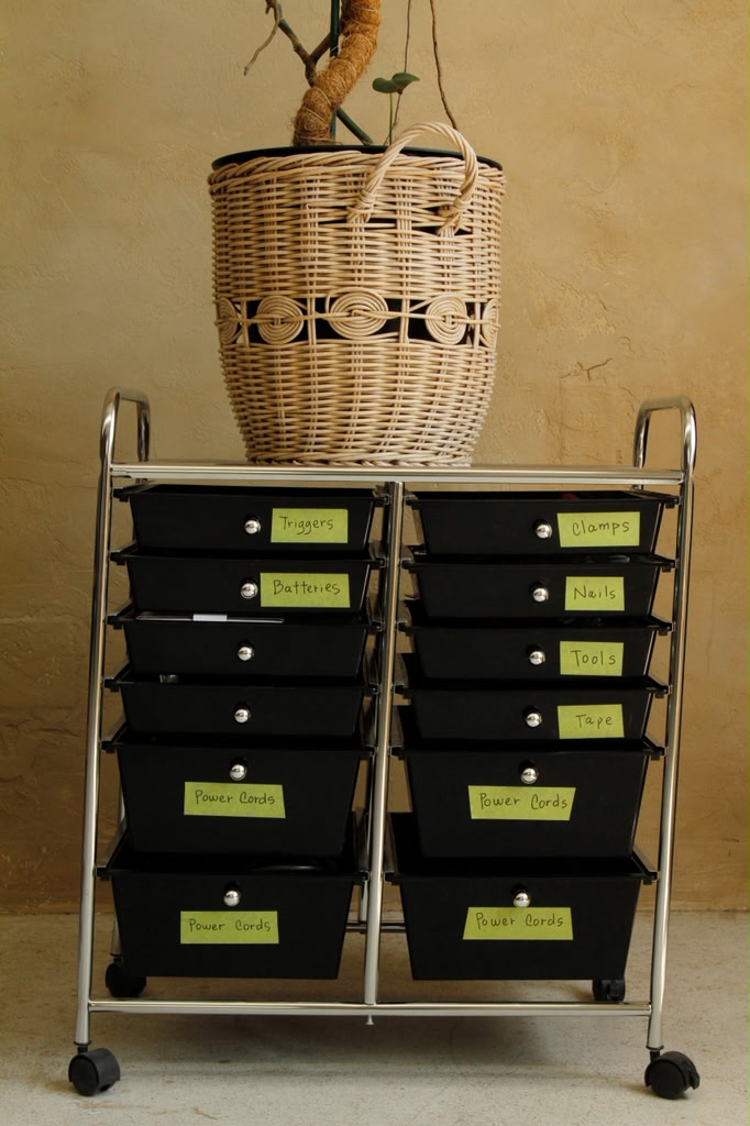 Labeled black storage cart for studio tools